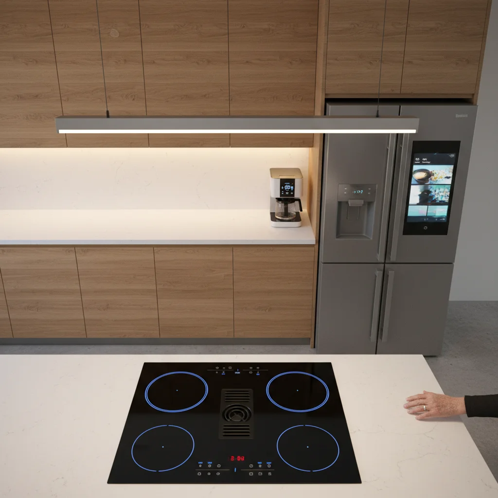 Smart kitchen with safety features for seniors, including an induction cooktop and smart lighting.