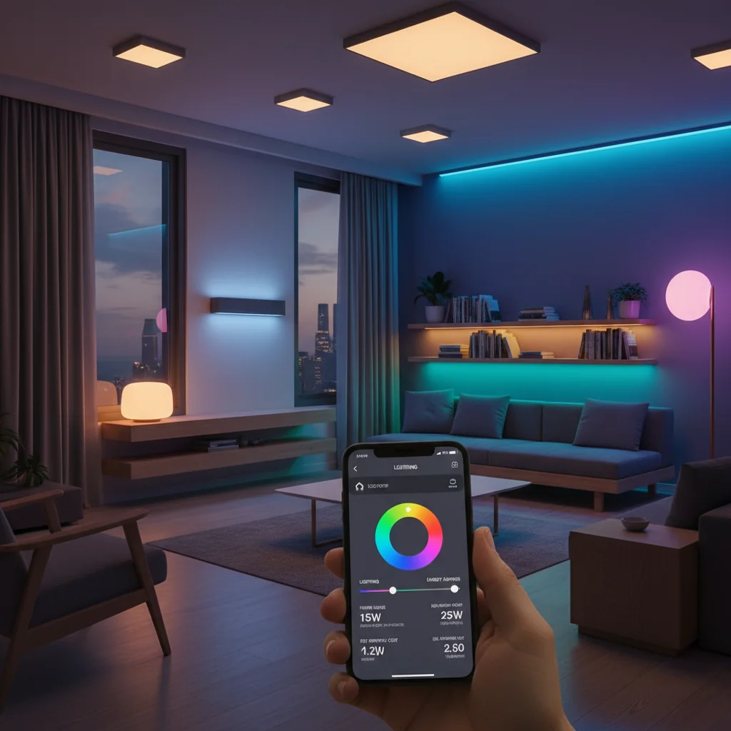 Smart LED lighting illuminating a modern living room, controlled by a smartphone.