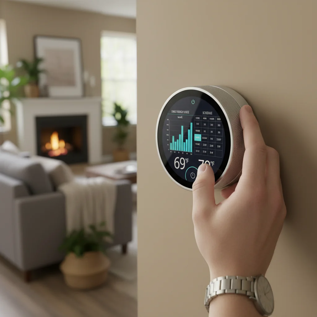 Hand adjusting a smart thermostat displaying energy usage data.