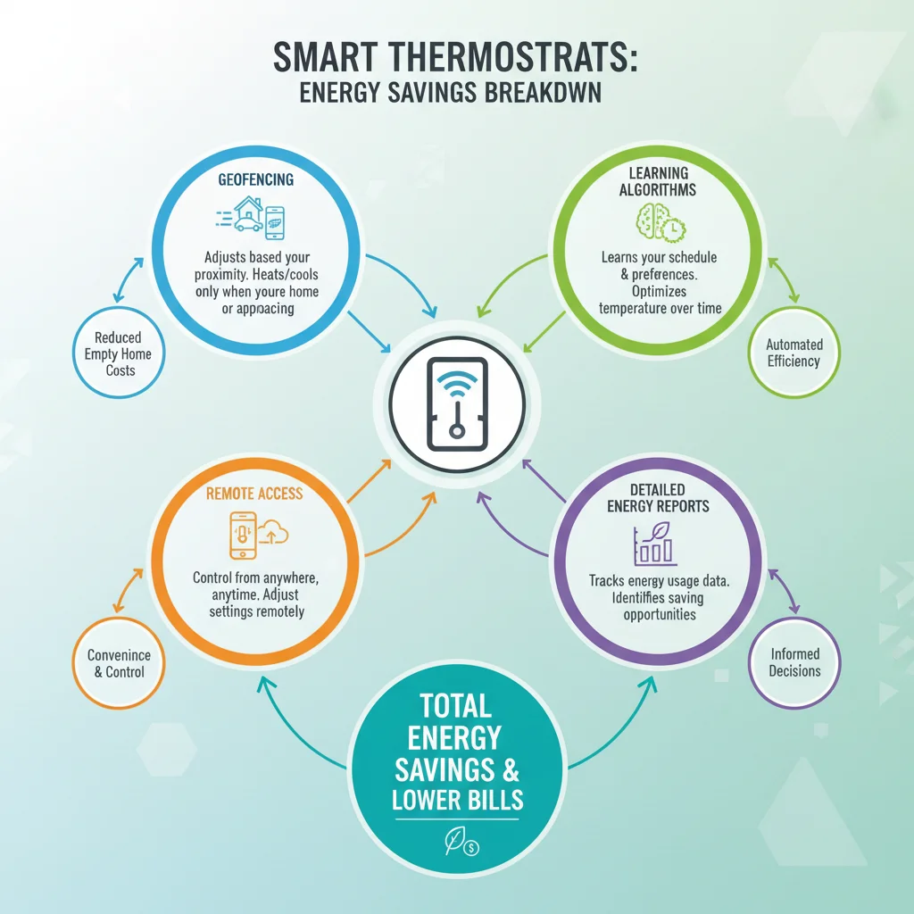 Infographic explaining smart thermostat energy-saving features like geofencing and remote access.