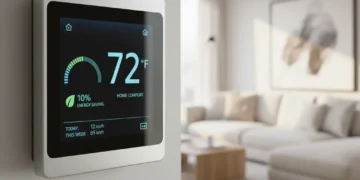 Top Smart Thermostats 2026: Cut Energy Bills by 10% - Full Analysis Modern smart thermostat showing energy savings data on a sleek display in a home setting.