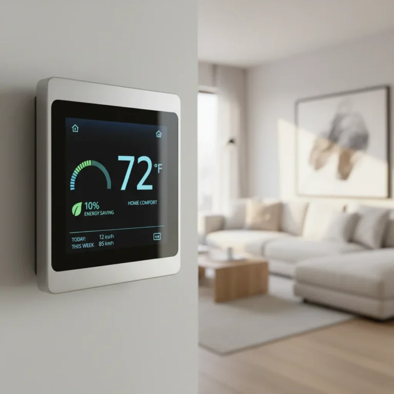 Modern smart thermostat showing energy savings data on a sleek display in a home setting.