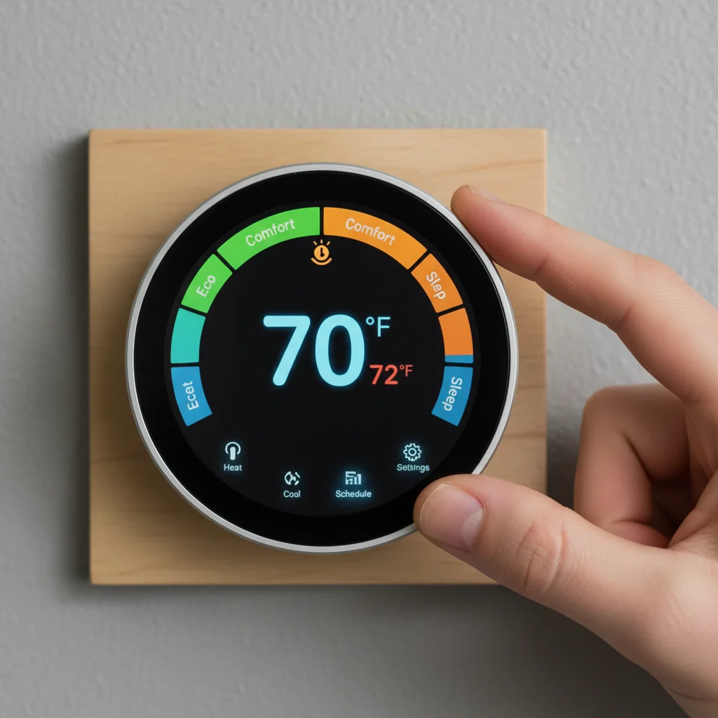 Close-up of a smart thermostat interface being adjusted by a user's hand.
