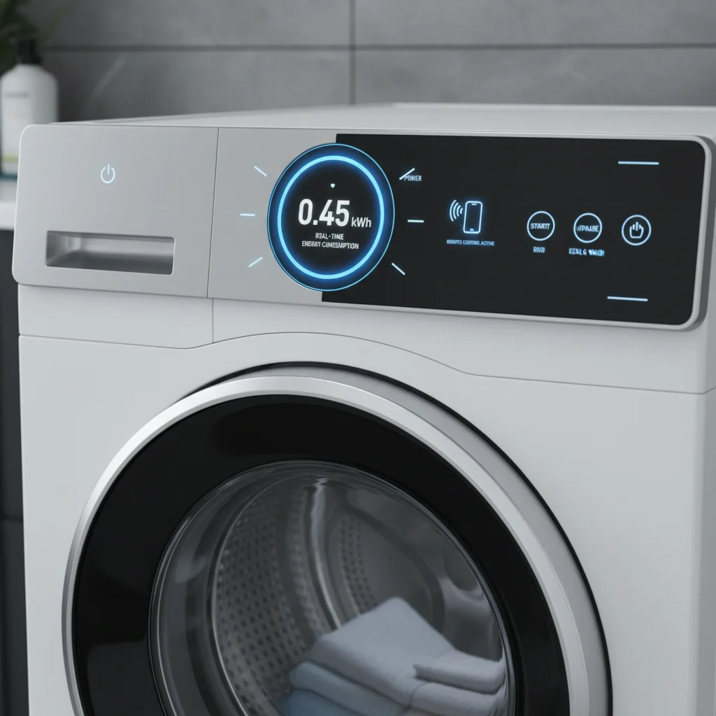 Smart washing machine displaying energy consumption data and remote control options