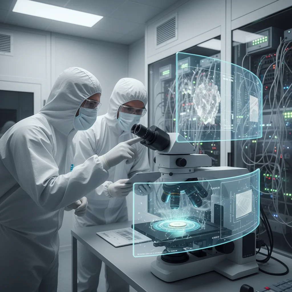 Scientists examining a solid-state battery prototype in a high-tech laboratory setting.