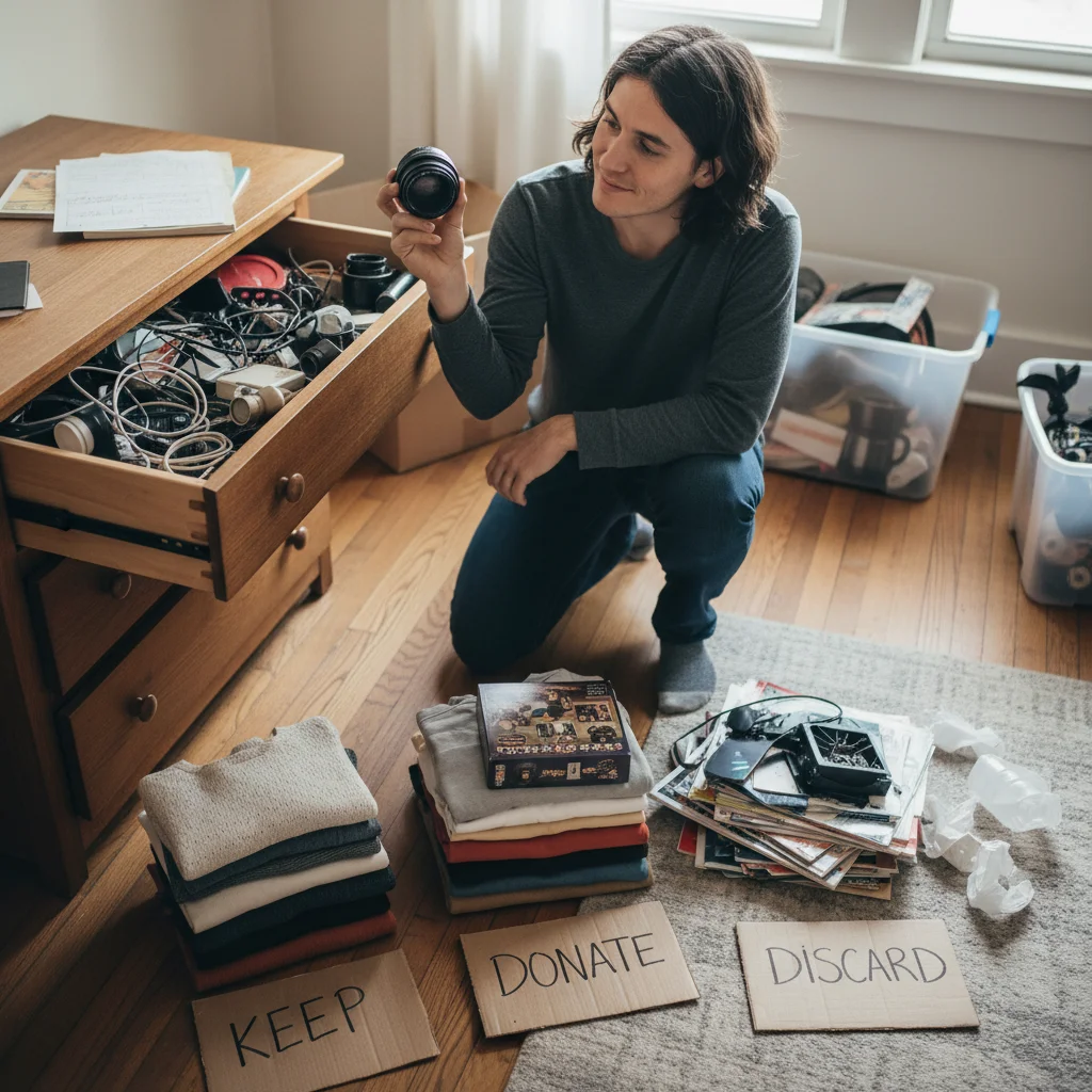 Person sorting items from a cluttered drawer into designated piles.