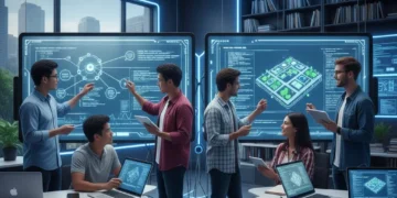 Students collaborating in a high-tech classroom, showcasing active learning.