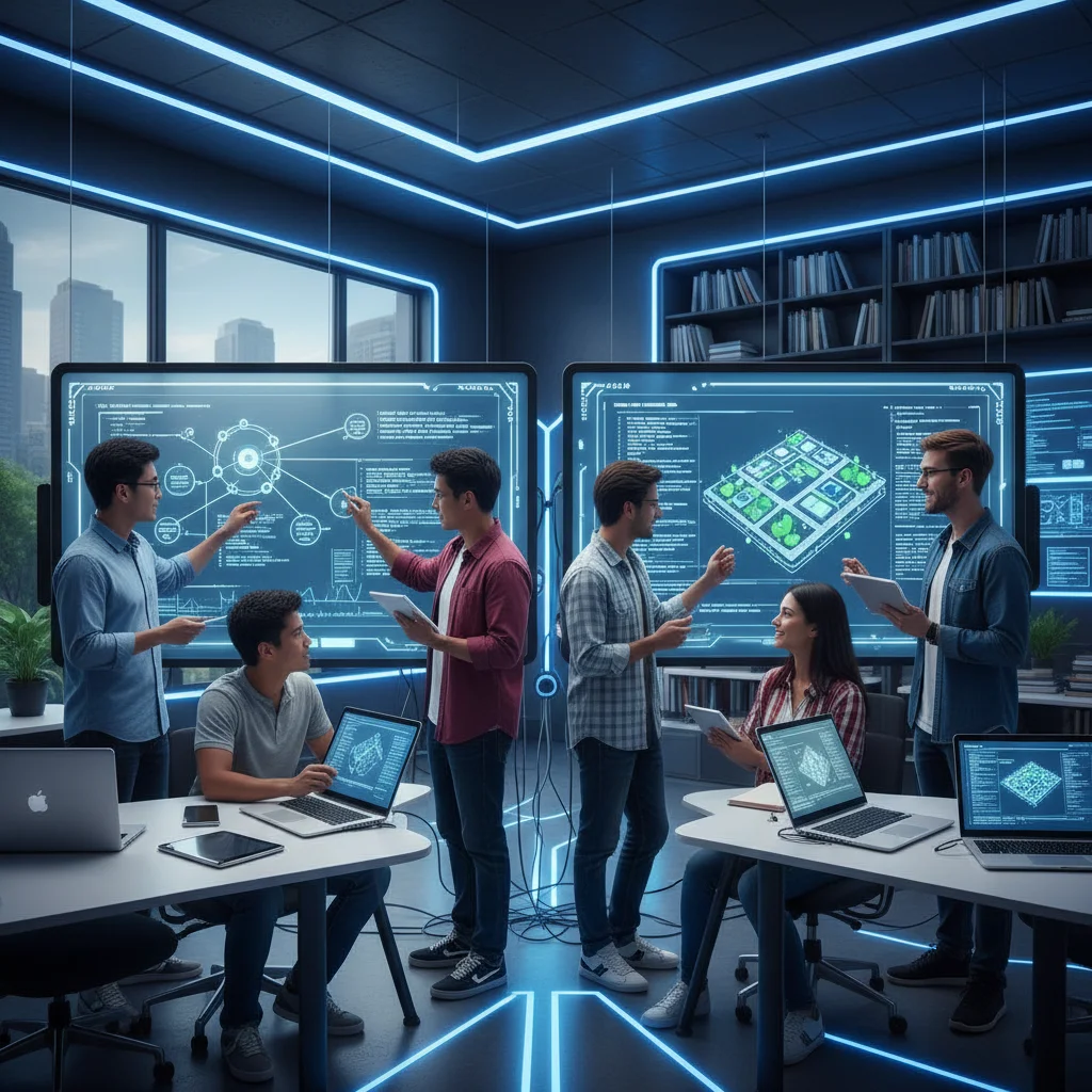Students collaborating in a high-tech classroom, showcasing active learning.