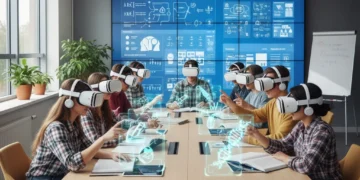 Students using VR and AR in a modern US classroom for immersive learning experiences.