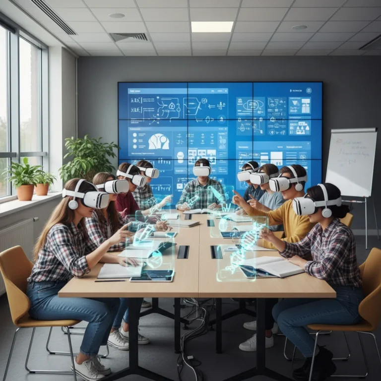 Students using VR and AR in a modern US classroom for immersive learning experiences.