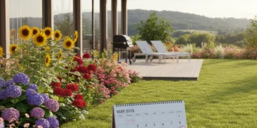 Modern house exterior with green lawn and flowers, ready for summer 2026