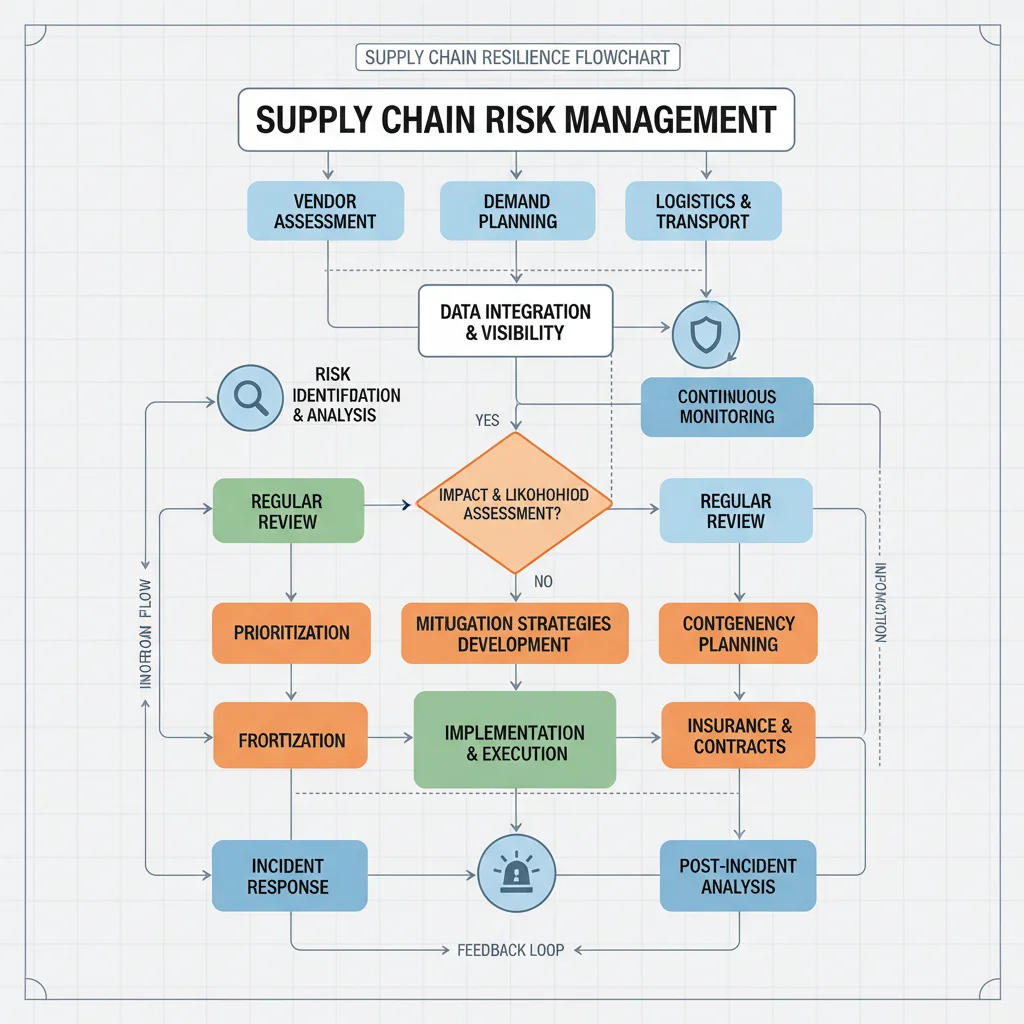 Flowchart detailing supply chain risk management process with assessment and mitigation steps.