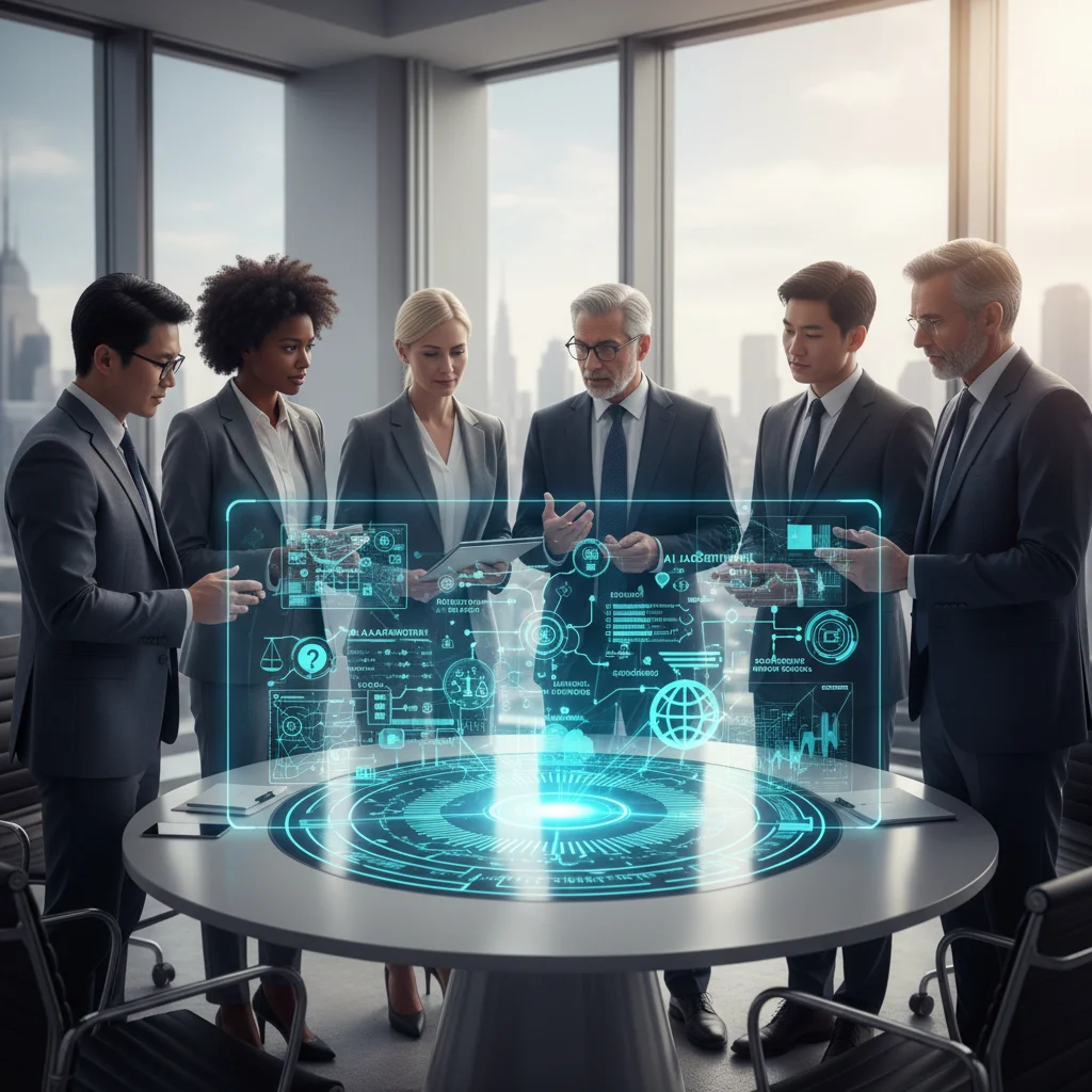 Diverse team collaborating on AI ethics and policy development