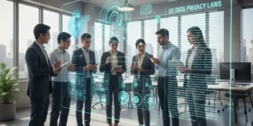 Tech team strategizing for US data privacy compliance by Q4 2026, reviewing legal frameworks and data flow diagrams.