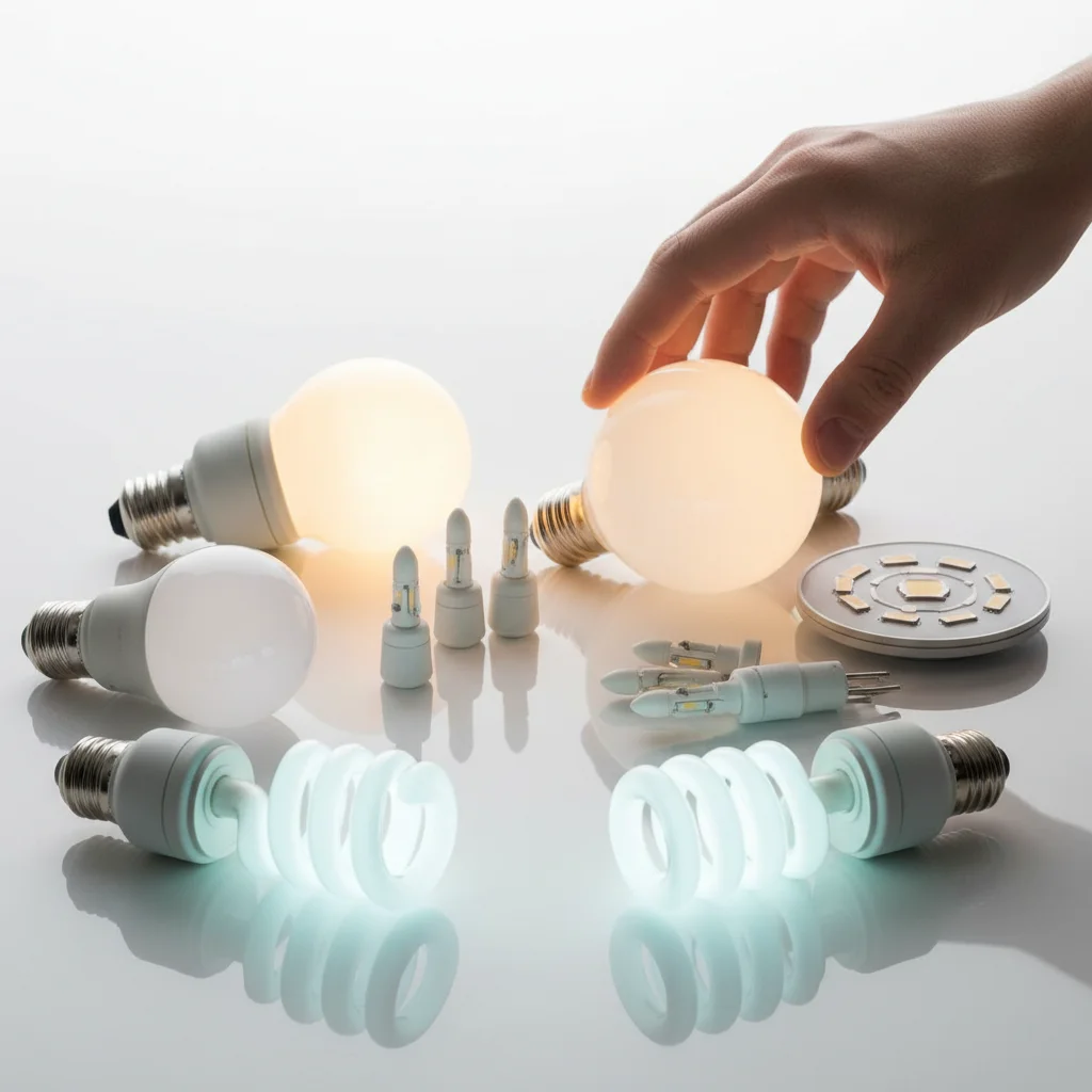 Assortment of modern energy-efficient LED and CFL light bulbs on a white surface, demonstrating options for home lighting upgrades.