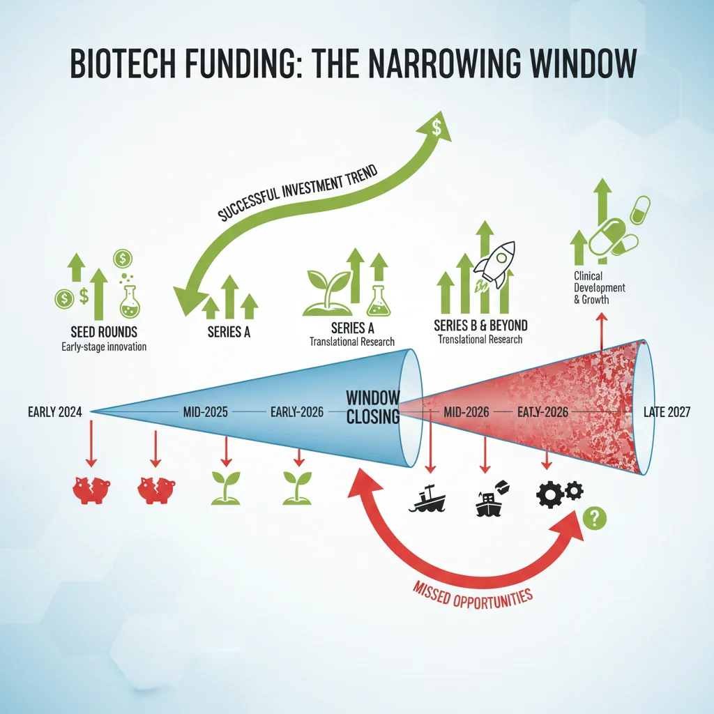 Infographic depicting the biotech funding timeline and narrowing investment window.