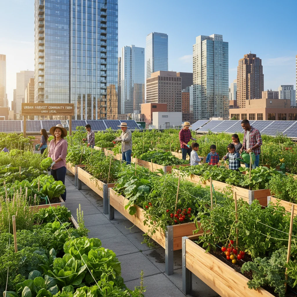 Urban community garden with diverse people harvesting fresh vegetables, promoting local food access.