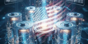 Advanced US battery cells glowing with energy, representing innovation and increased storage capacity.