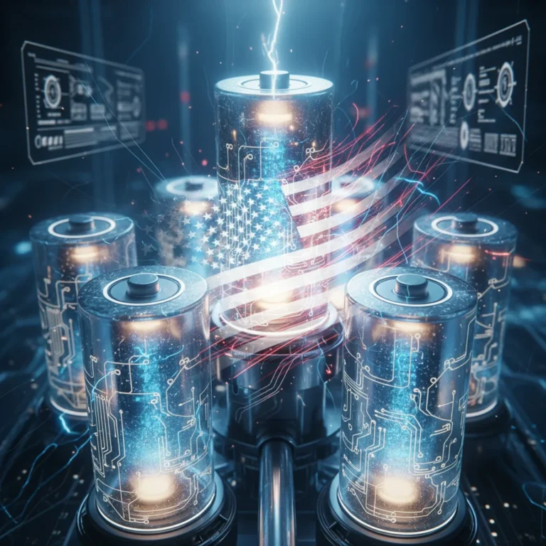 Advanced US battery cells glowing with energy, representing innovation and increased storage capacity.