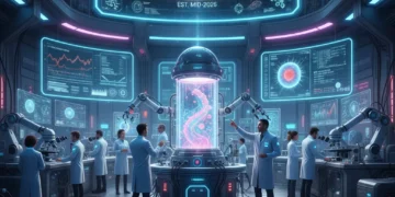 Scientists working in a high-tech lab, symbolizing US biotech funding urgency.