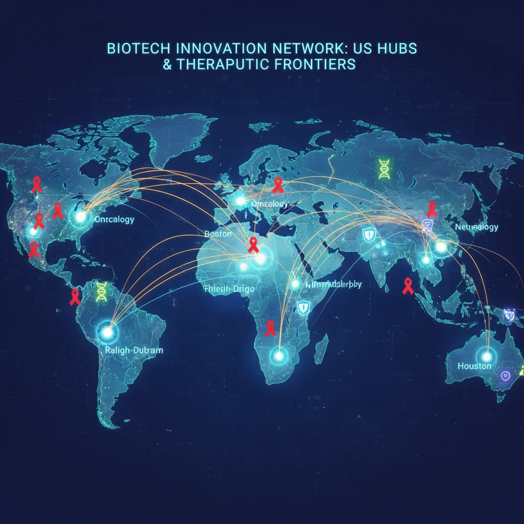 Map highlighting key US biotech innovation hubs and therapeutic area concentrations.