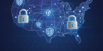 Digital shield protecting data over a US map, symbolizing robust US data privacy for tech companies.