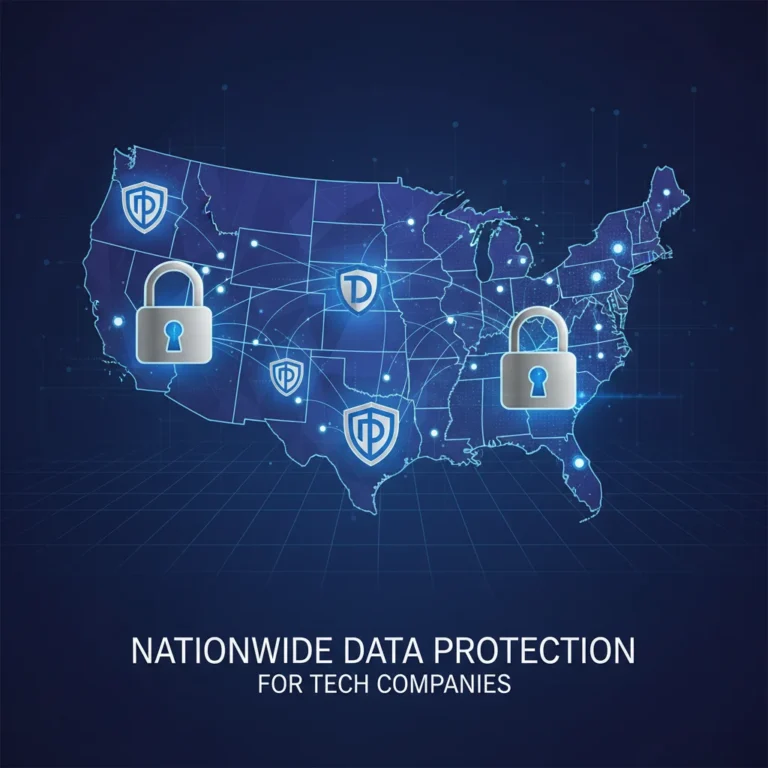 Digital shield protecting data over a US map, symbolizing robust US data privacy for tech companies.