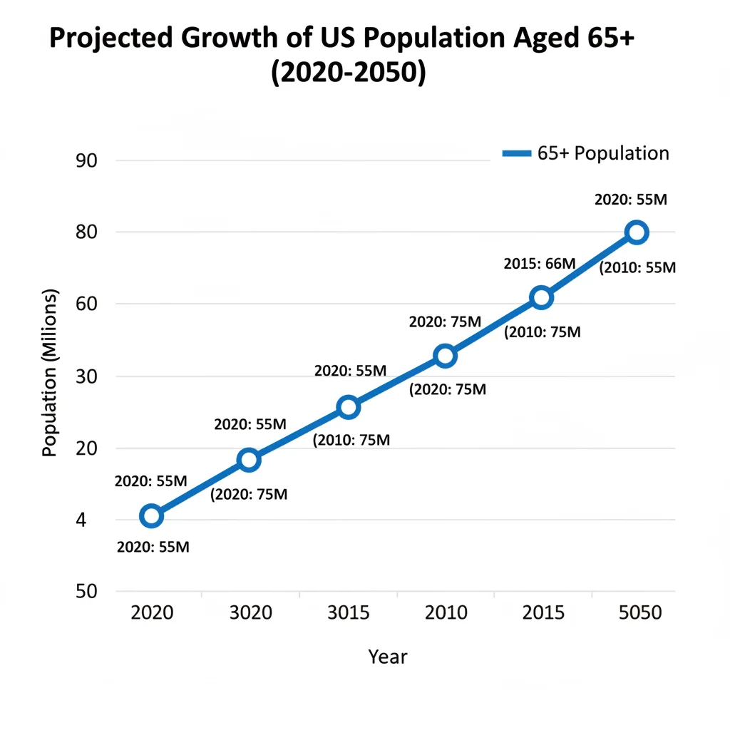 Projected growth of US population aged 65 and over, 2020-2050