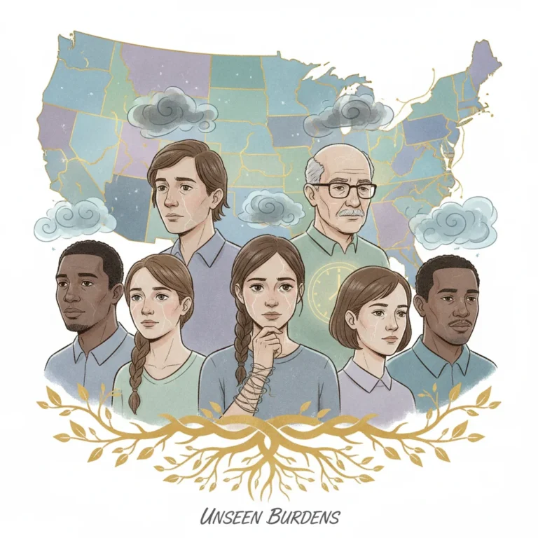 Diverse individuals contemplating mental health challenges across the US map.