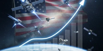 Futuristic space scene with satellites and growth graph representing US space investment opportunities and potential 25% ROI.