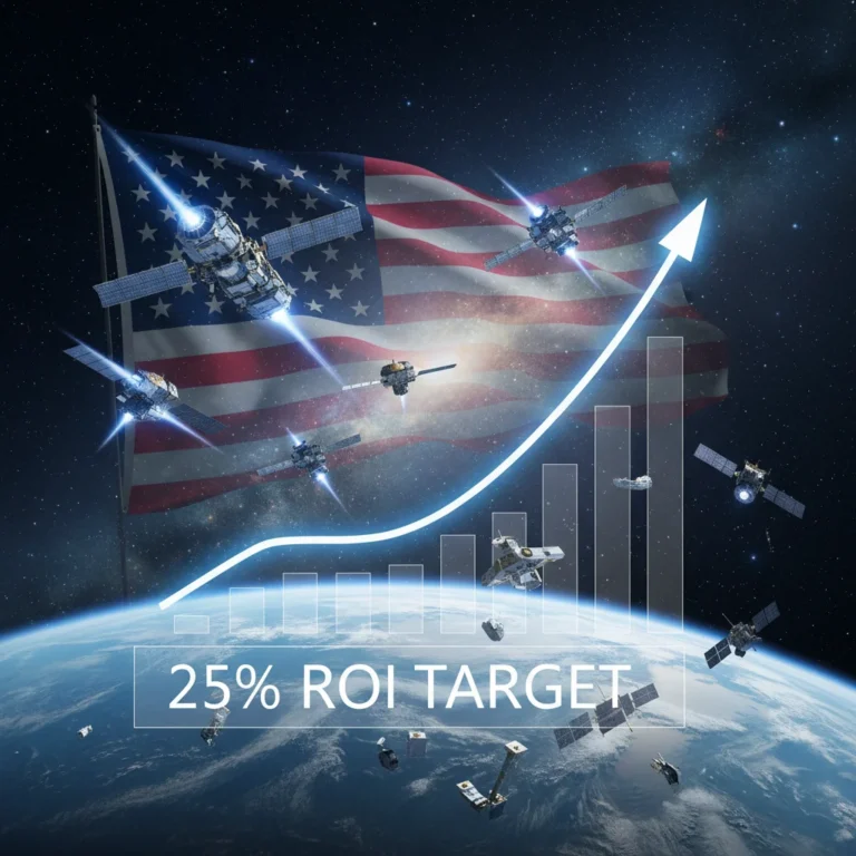 Futuristic space scene with satellites and growth graph representing US space investment opportunities and potential 25% ROI.