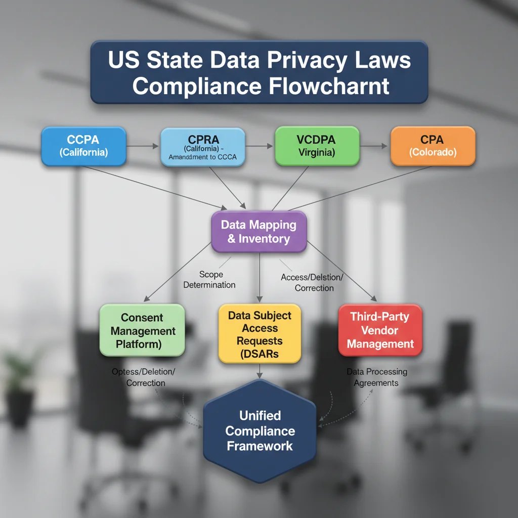 Complex flowchart illustrating interconnected US state data privacy laws and their compliance requirements for businesses.