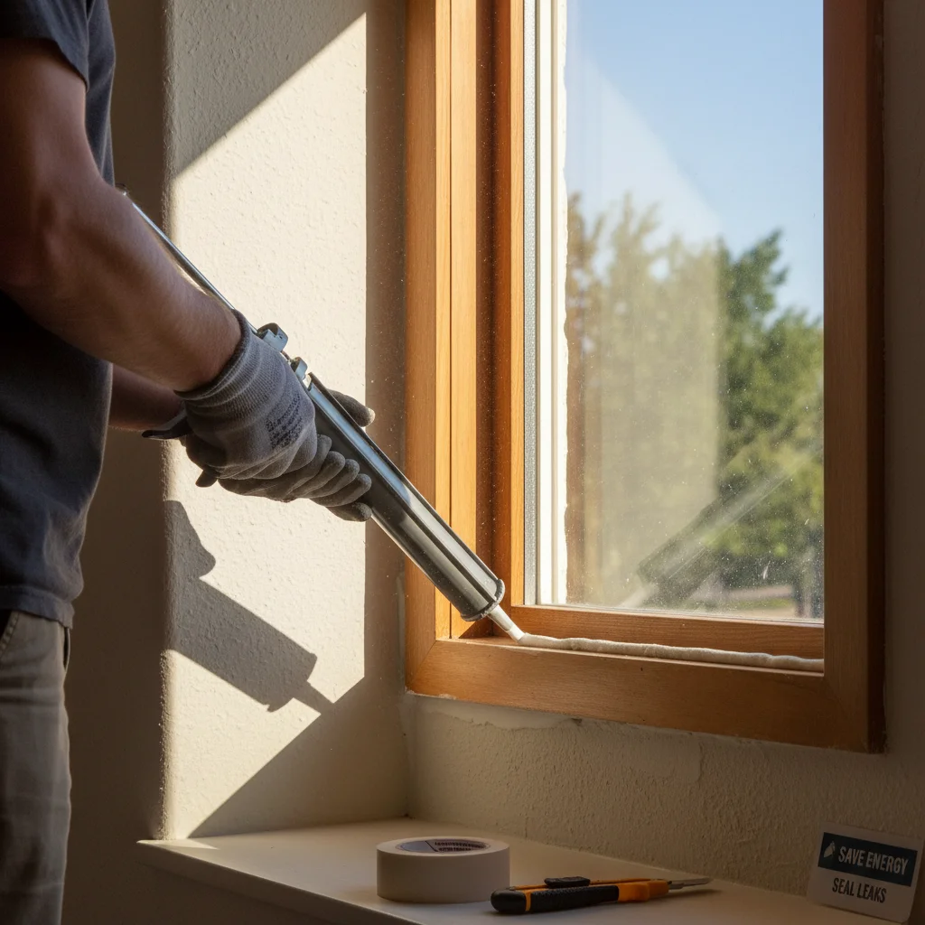 Homeowner sealing window gaps with caulk for energy efficiency