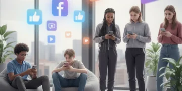 Social Media's Impact on Youth: 2026 US Trends in Screen Time & Well-being Youth interacting with social media on smartphones, reflecting diverse emotional responses and the digital landscape of 2026.