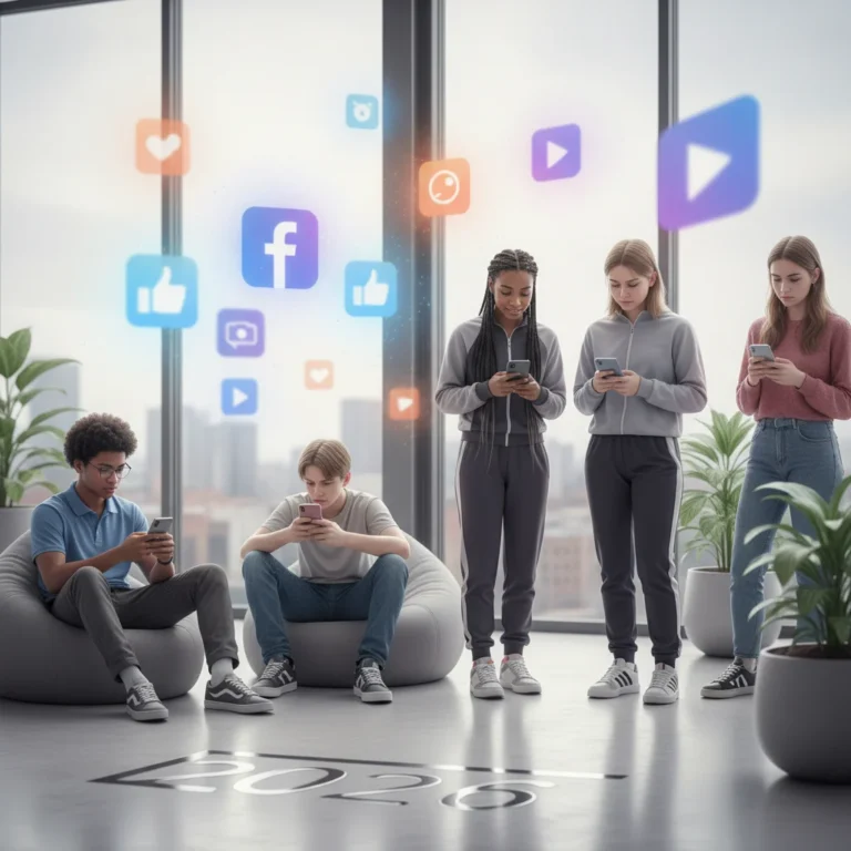 Youth interacting with social media on smartphones, reflecting diverse emotional responses and the digital landscape of 2026.