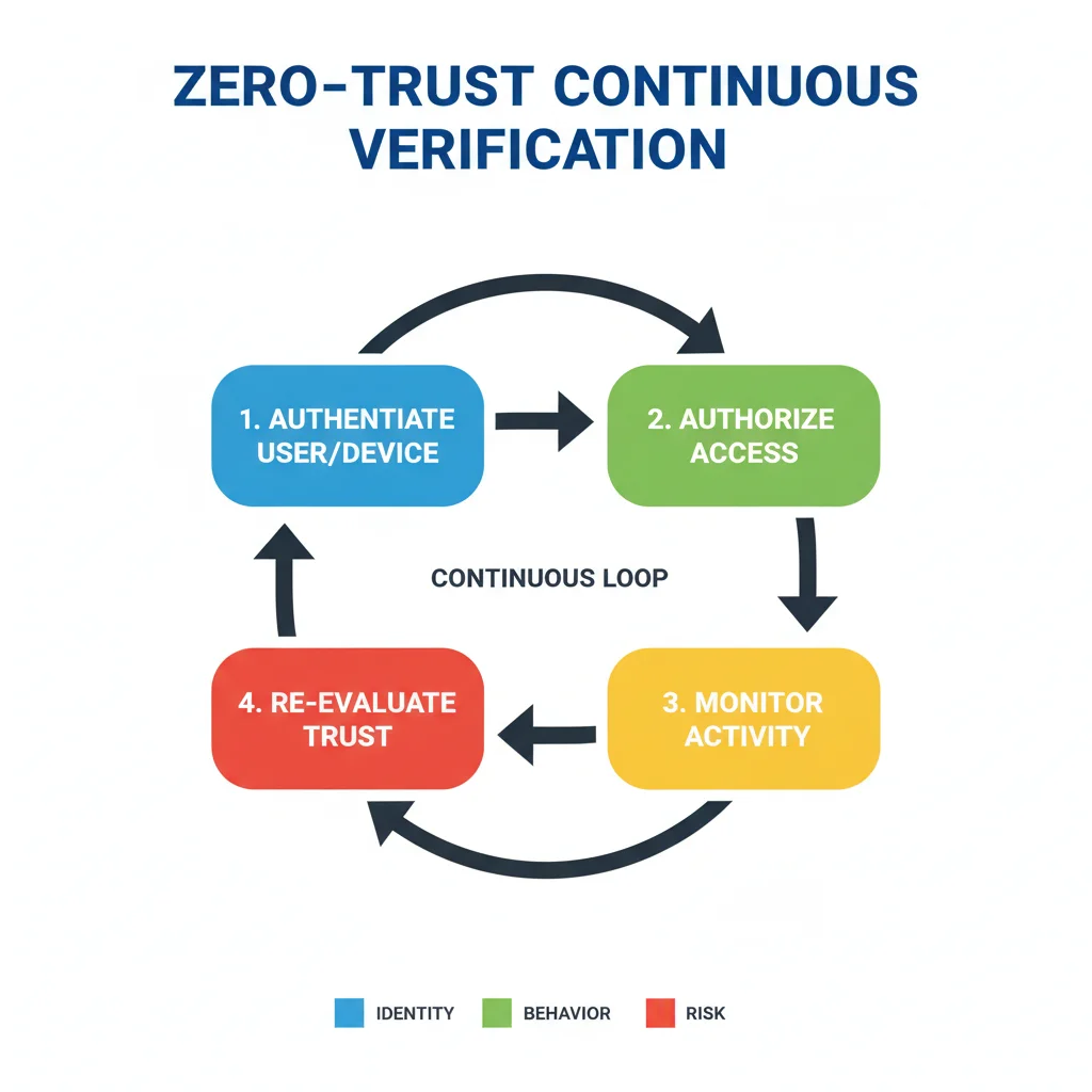 Flowchart depicting continuous verification in Zero-Trust Architecture.