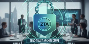 Digital padlock on network diagram, symbolizing robust Zero-Trust Architecture for SMB cybersecurity.