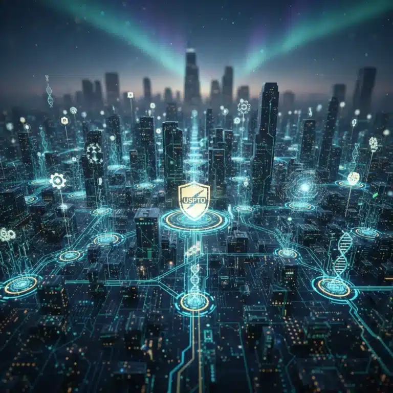 Futuristic digital landscape illustrating the dynamic US patent landscape in 2026, with symbols of AI, biotech, and quantum computing.