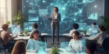 Students using AI learning tools in a modern classroom