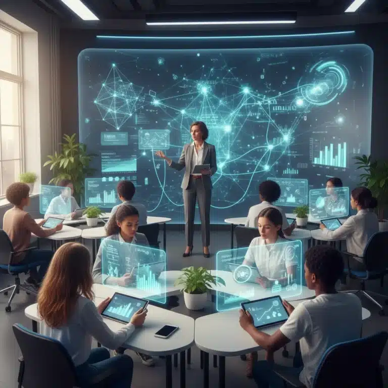 Students using AI learning tools in a modern classroom