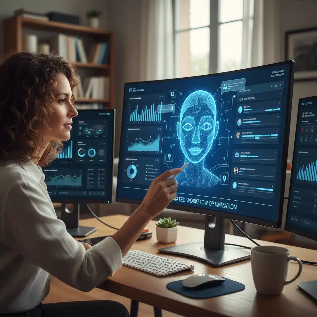 AI virtual assistant automating tasks for remote worker, enhancing productivity.