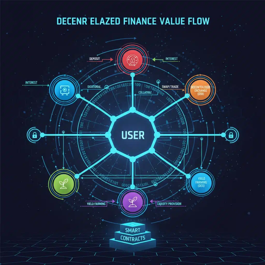 Infographic illustrating the flow of value within a decentralized finance (DeFi) ecosystem.