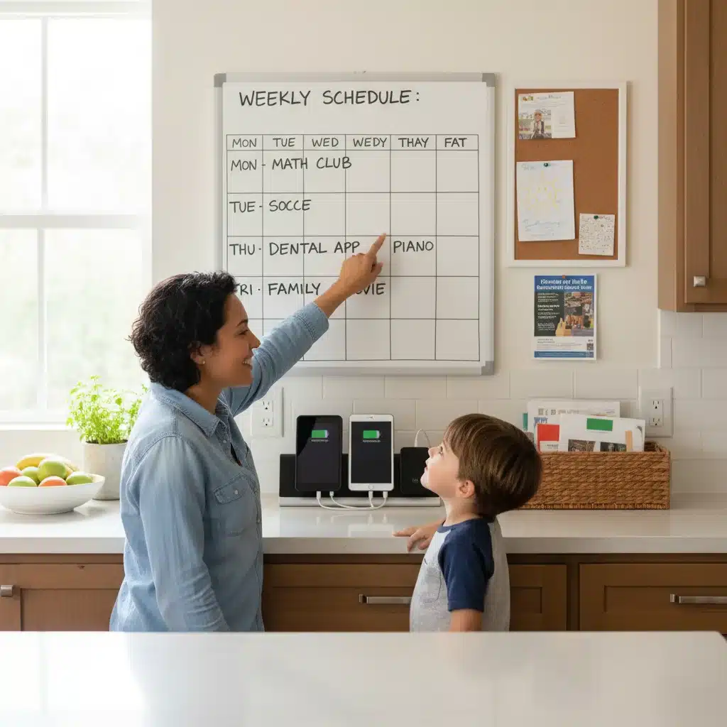 Family command center in kitchen with whiteboard schedule and parent-child interaction.