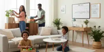 Mastering Time Management at Home: 6 Proven Techniques for US Families in 2026 Happy diverse American family organizing home, smiling, with a calendar visible.