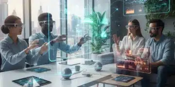 Future of remote work tech, diverse team collaborating virtually with AI and VR tools.