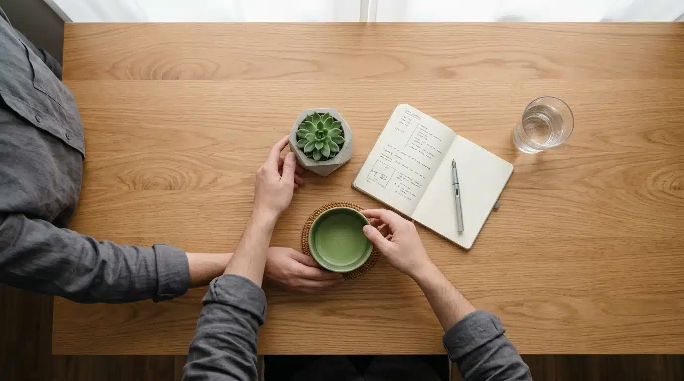 An aerial view of a person setting down a green matcha bowl next to an open journal and a succulent on a minimalist wooden desk, representing a structured morning routine for focus and clarity.
