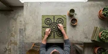 Optimizing Your Day: Practical Strategies for Enhanced Living Aerial view of a person intentionally arranging green river stones on a concrete table, symbolizing daily routine optimization and habit formation.