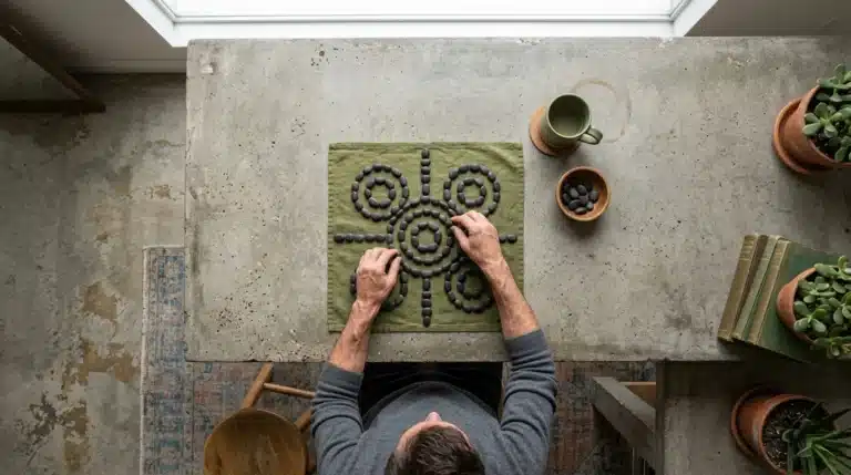 Aerial view of a person intentionally arranging green river stones on a concrete table, symbolizing daily routine optimization and habit formation.