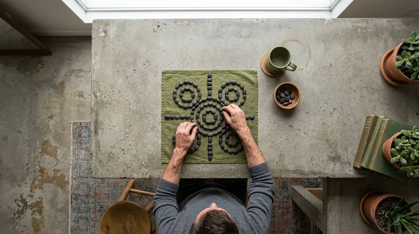 Aerial view of a person intentionally arranging green river stones on a concrete table, symbolizing daily routine optimization and habit formation.