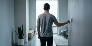 A person interacting with a smart thermostat in a modern, minimalist living room, illustrating seamless tech integration into daily routines.